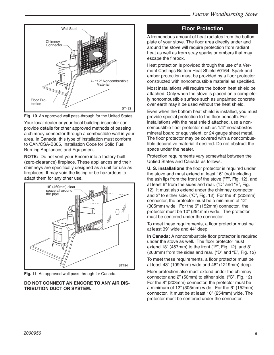 Encore woodburning stove, Floor protection | Vermont Casting 2550 User Manual | Page 9 / 36