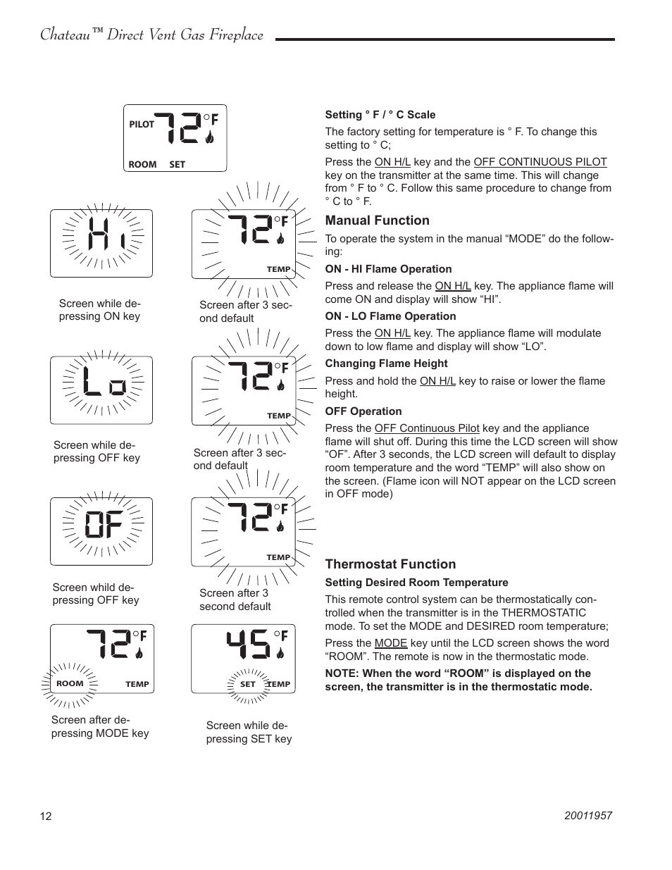 Chateau™ direct vent gas fireplace, Manual function, Thermostat function | Vermont Casting DVT38S2IN User Manual | Page 12 / 48