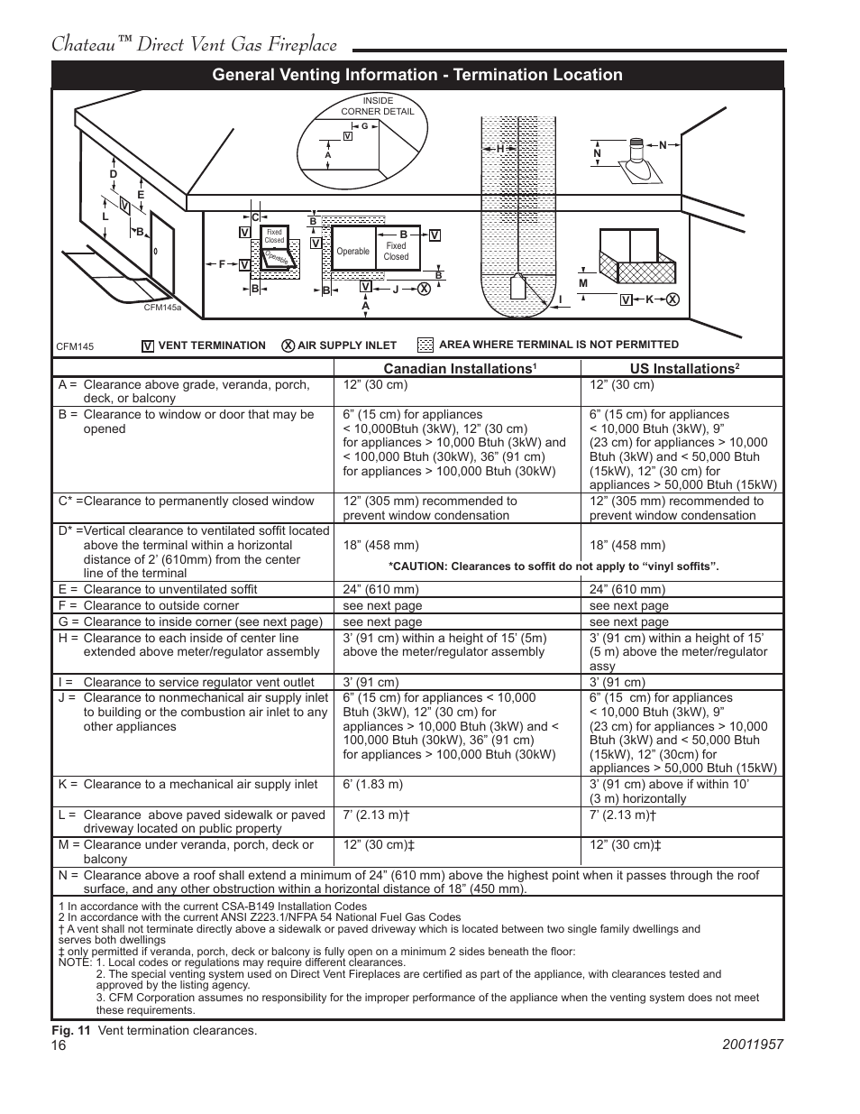 Chateau™ direct vent gas fireplace, General venting information - termination location | Vermont Casting DVT38S2IN User Manual | Page 16 / 48