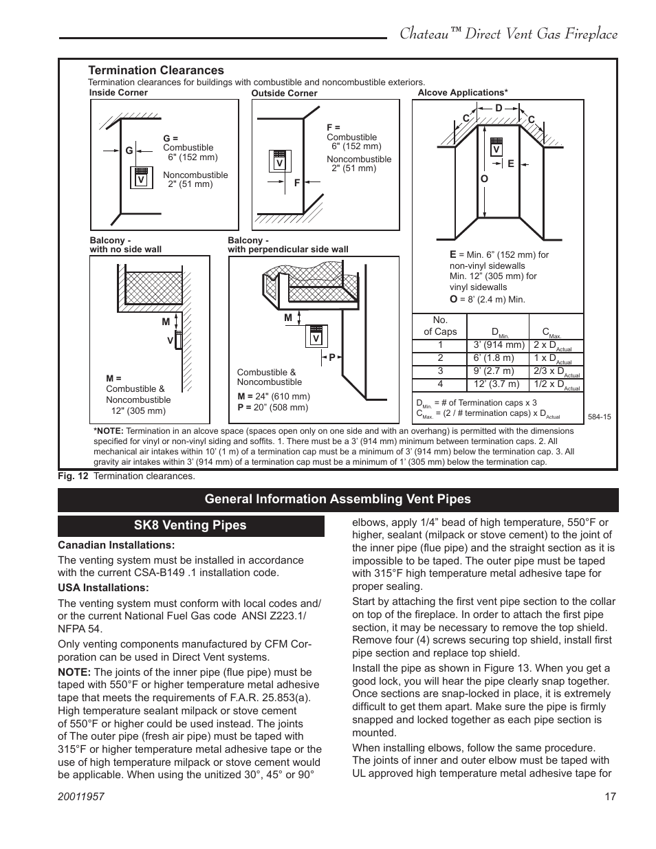 Chateau™ direct vent gas fireplace, Termination clearances | Vermont Casting DVT38S2IN User Manual | Page 17 / 48