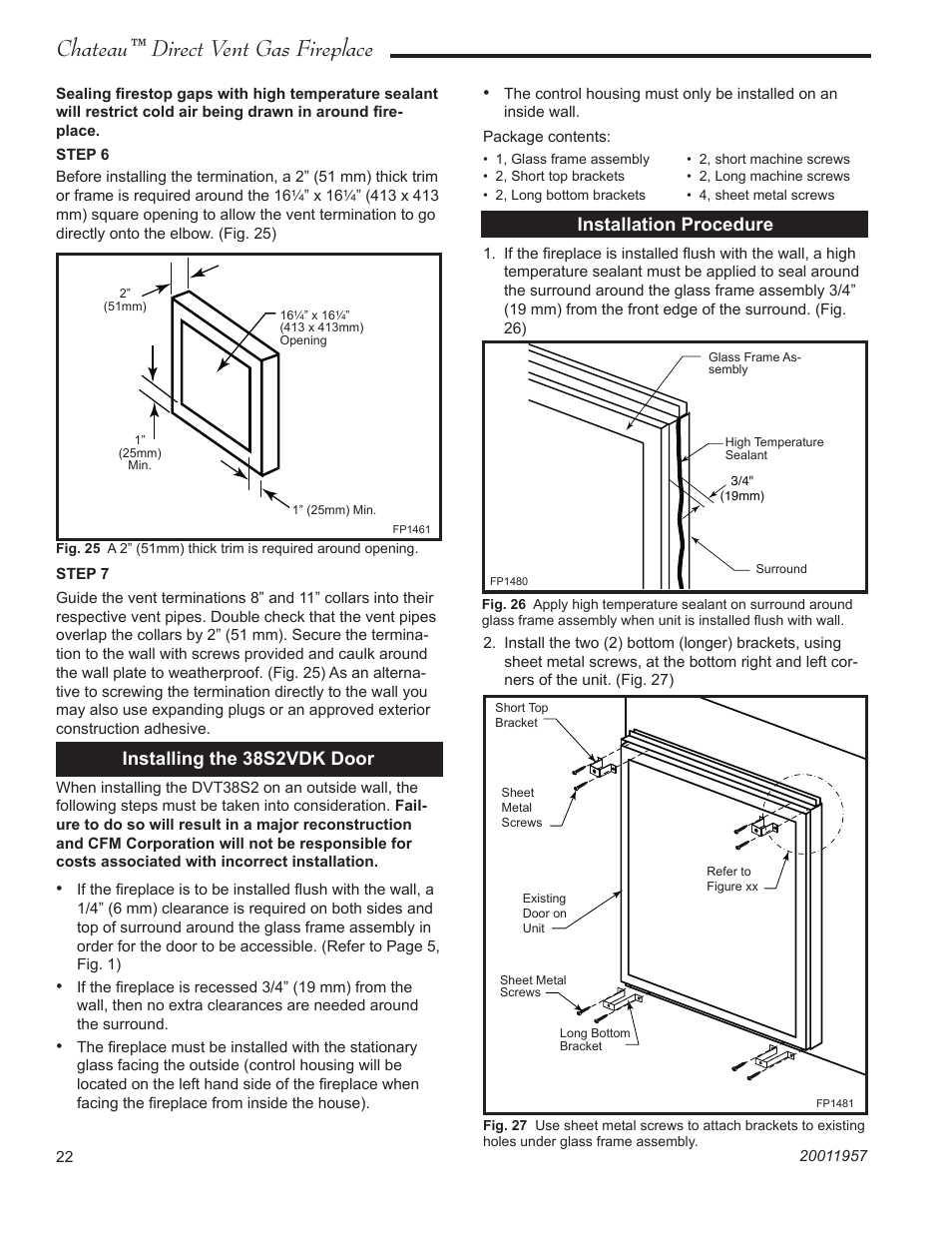 Chateau™ direct vent gas fireplace, Installation procedure, Installing the 38s2vdk door | Vermont Casting DVT38S2IN User Manual | Page 22 / 48