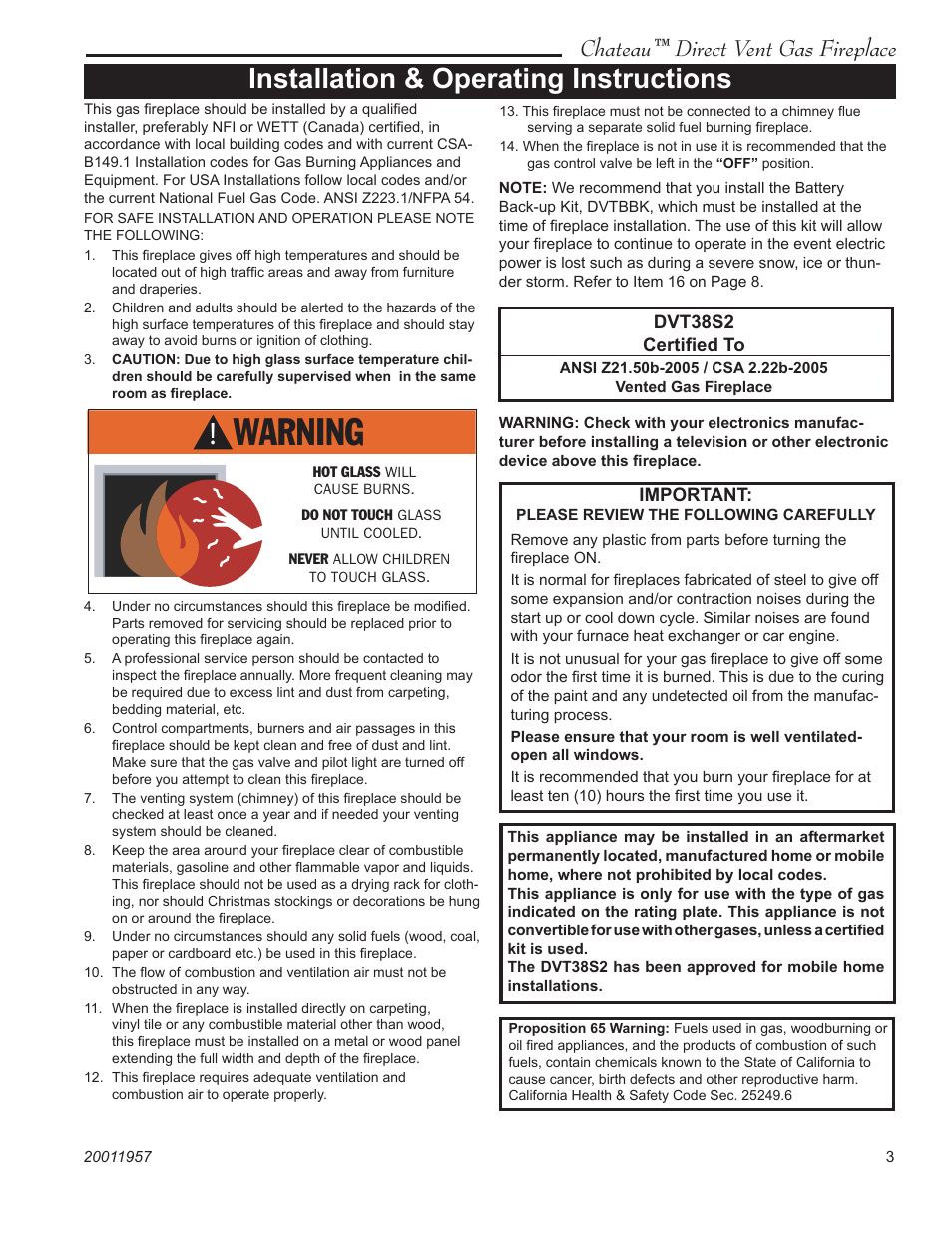 Installation & operating instructions, Chateau™ direct vent gas fireplace | Vermont Casting DVT38S2IN User Manual | Page 3 / 48