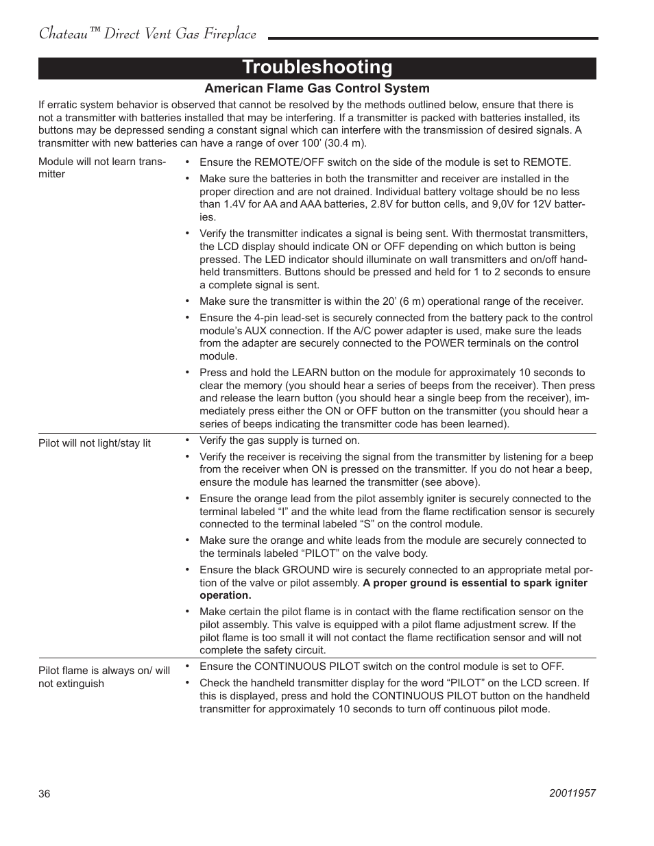 Troubleshooting, Chateau™ direct vent gas fireplace | Vermont Casting DVT38S2IN User Manual | Page 36 / 48