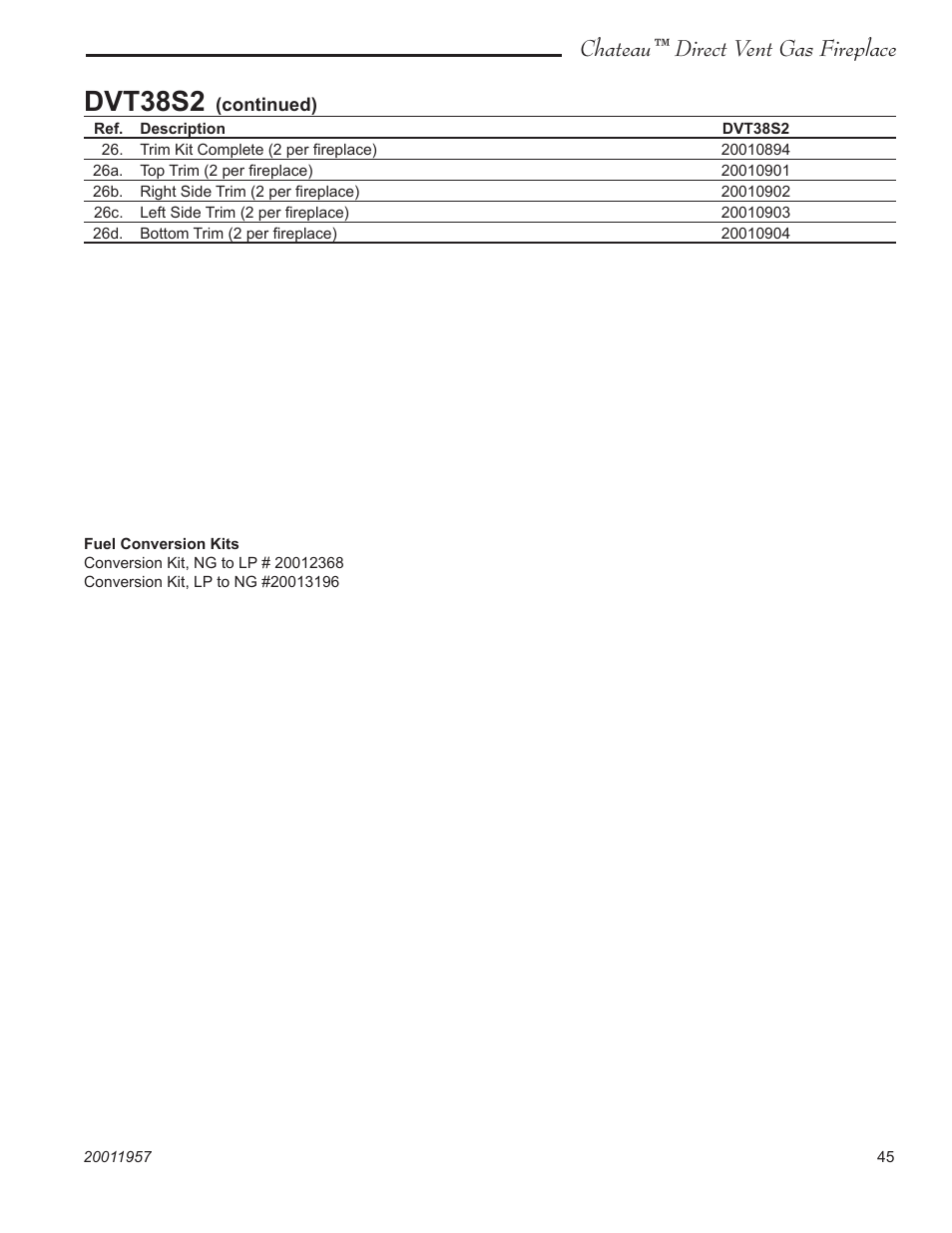 Dvt38s2, Chateau™ direct vent gas fireplace | Vermont Casting DVT38S2IN User Manual | Page 45 / 48