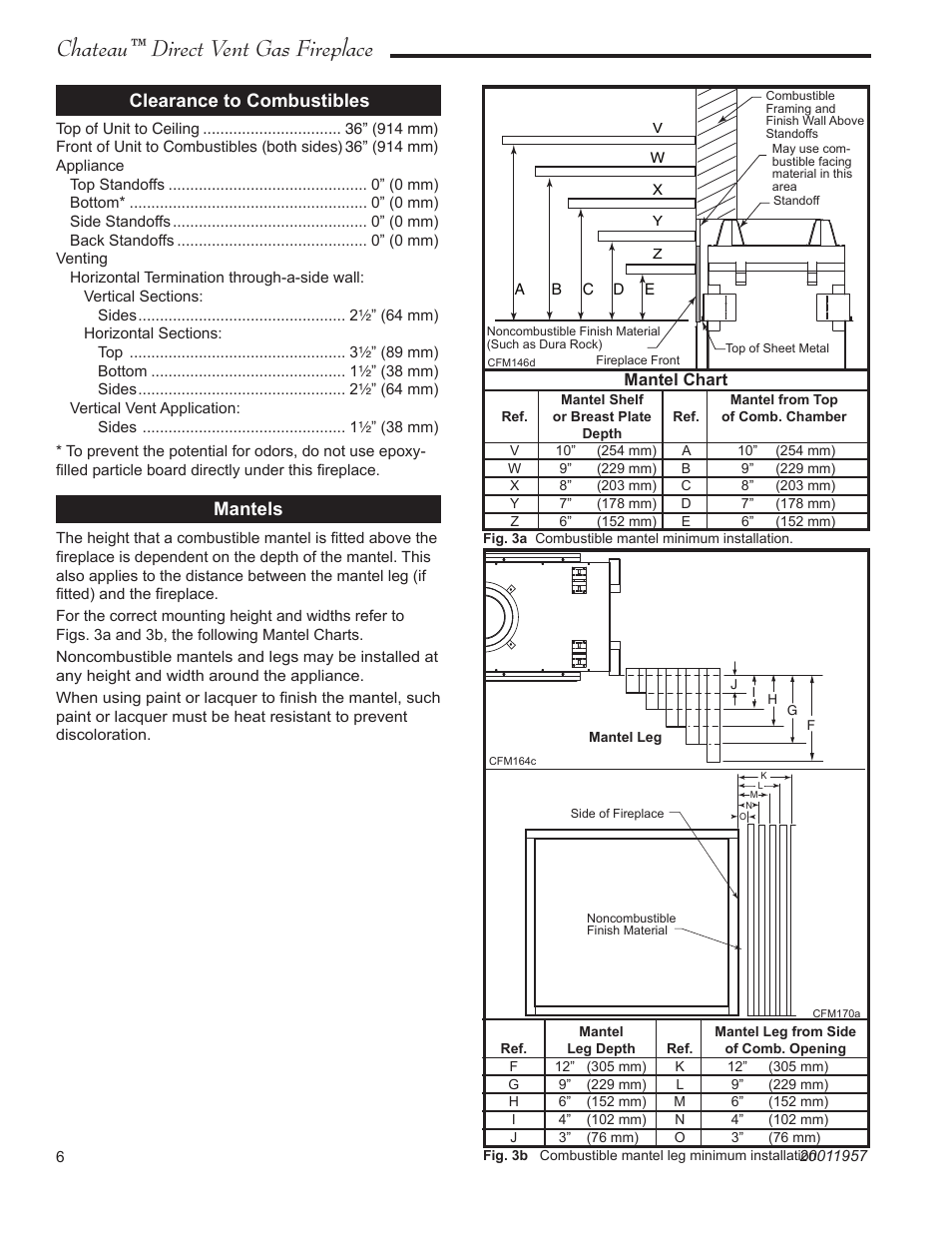 Chateau™ direct vent gas fireplace, Clearance to combustibles mantels | Vermont Casting DVT38S2IN User Manual | Page 6 / 48
