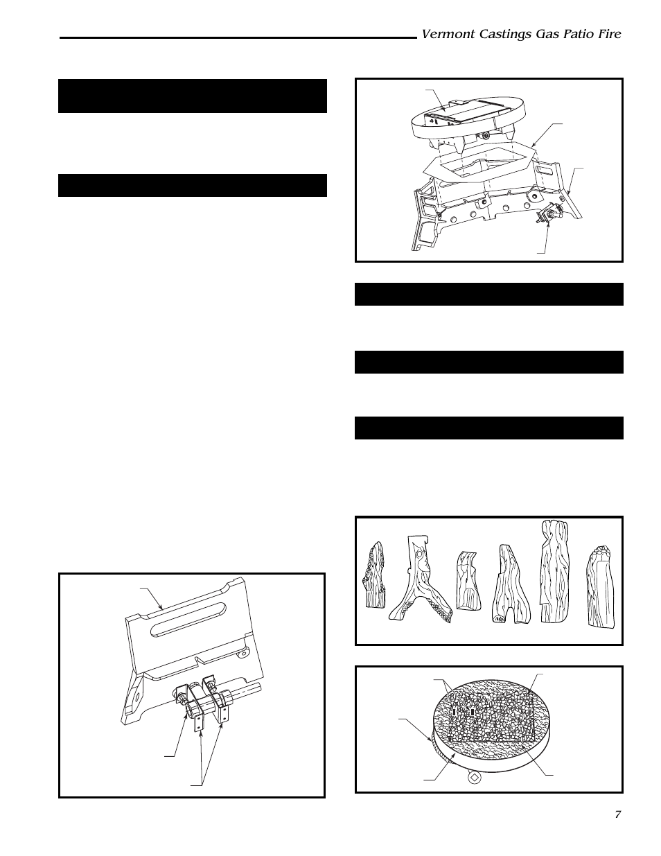 Vermont castings gas patio fire, Installation of gpf on optional chalet base, Installation instructions | Log & volcanic rock placement, Volcanic rock placement, Log placement | Vermont Casting GPFMP User Manual | Page 7 / 16