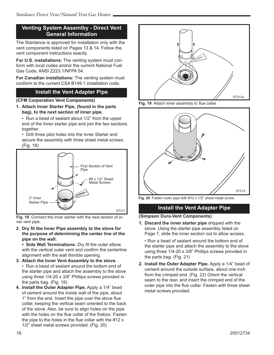 Stardance direct vent/natural vent gas heater, Install the vent adapter pipe | Vermont Casting SDDVT User Manual | Page 16 / 52
