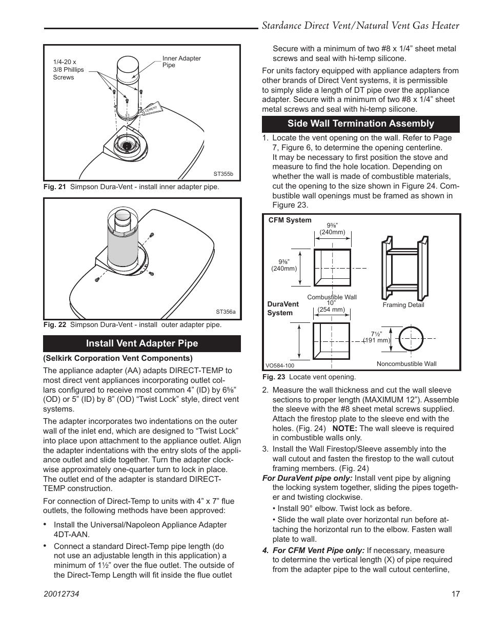 Stardance direct vent/natural vent gas heater, Side wall termination assembly, Install vent adapter pipe | Vermont Casting SDDVT User Manual | Page 17 / 52
