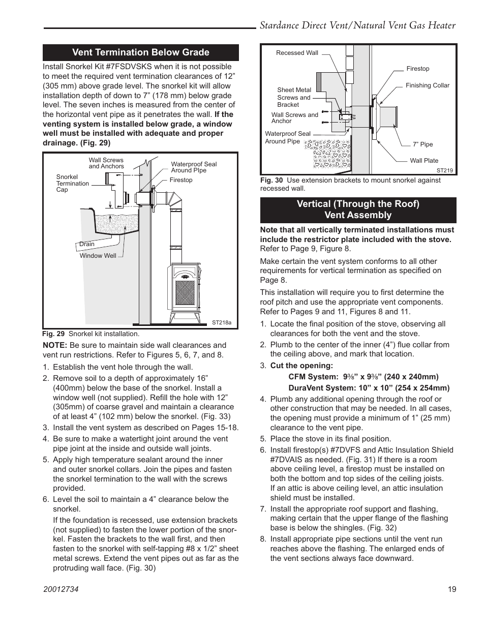 Stardance direct vent/natural vent gas heater, Vent termination below grade, Vertical (through the roof) vent assembly | Vermont Casting SDDVT User Manual | Page 19 / 52