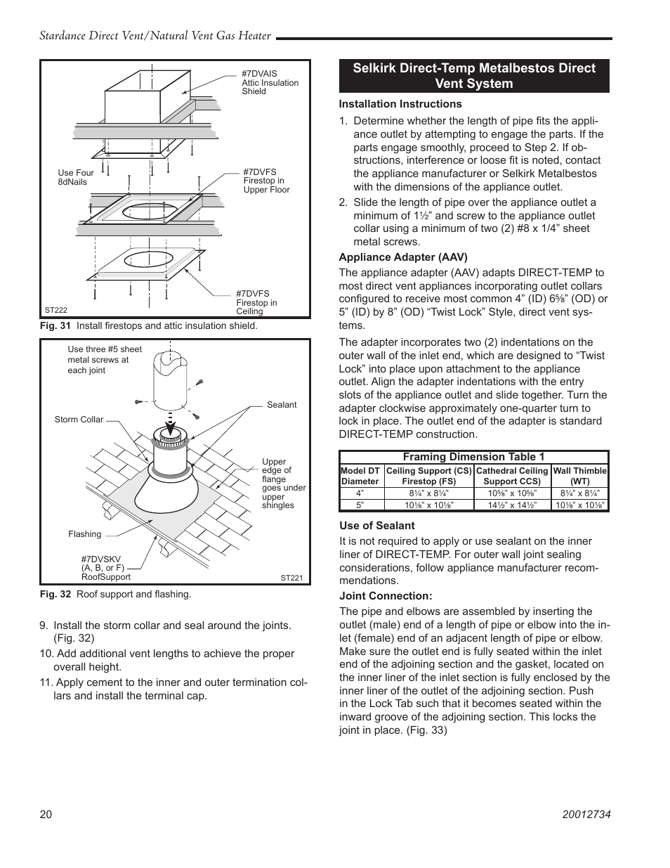 Stardance direct vent/natural vent gas heater, Selkirk direct-temp metalbestos direct vent system | Vermont Casting SDDVT User Manual | Page 20 / 52