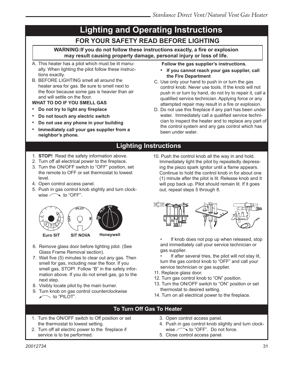 Lighting and operating instructions, Stardance direct vent/natural vent gas heater, For your safety read before lighting | Lighting instructions | Vermont Casting SDDVT User Manual | Page 31 / 52