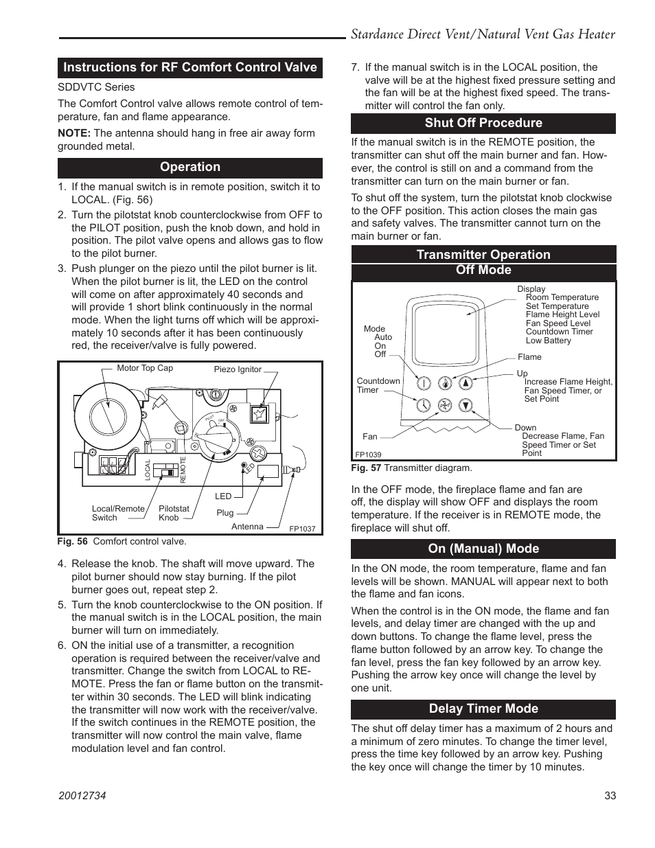 Stardance direct vent/natural vent gas heater, Instructions for rf comfort control valve, Operation | Shut off procedure, Transmitter operation off mode, On (manual) mode, Delay timer mode | Vermont Casting SDDVT User Manual | Page 33 / 52