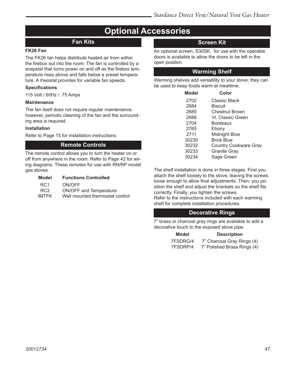 Optional accessories, Stardance direct vent/natural vent gas heater | Vermont Casting SDDVT User Manual | Page 47 / 52