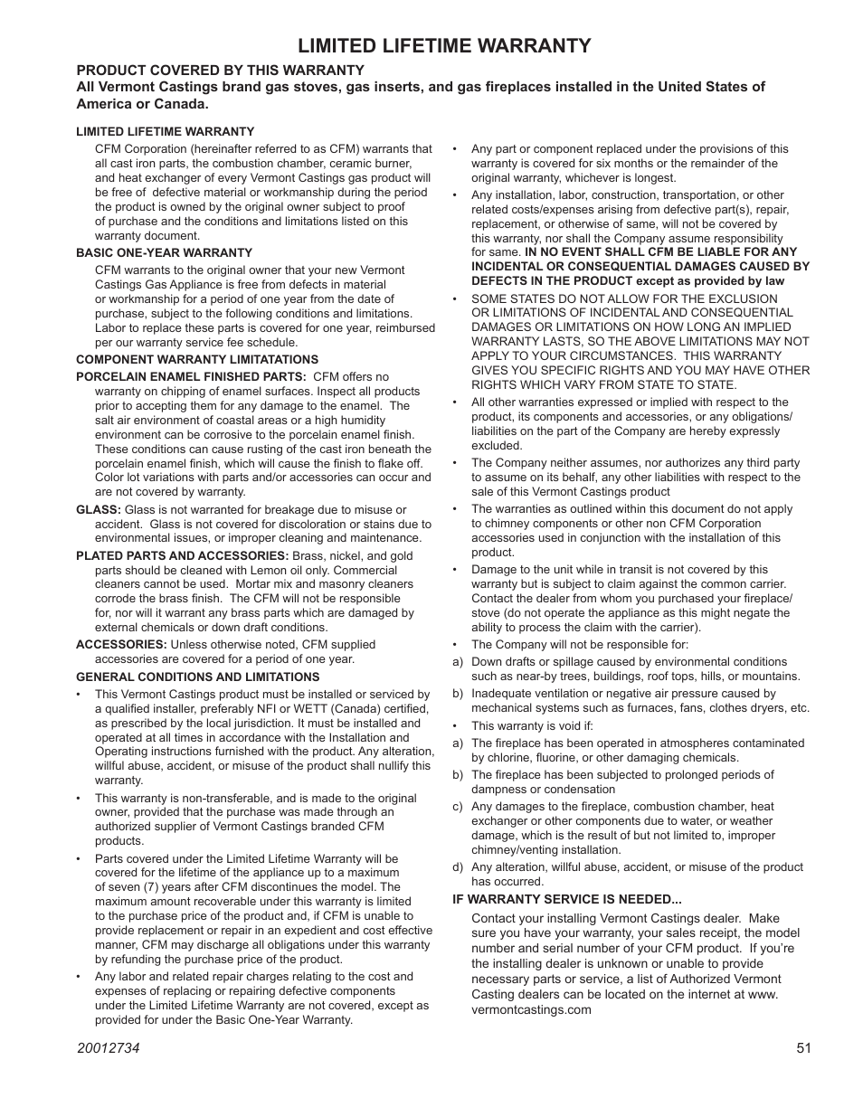 Stardance direct vent/natural vent gas heater, Limited lifetime warranty | Vermont Casting SDDVT User Manual | Page 51 / 52