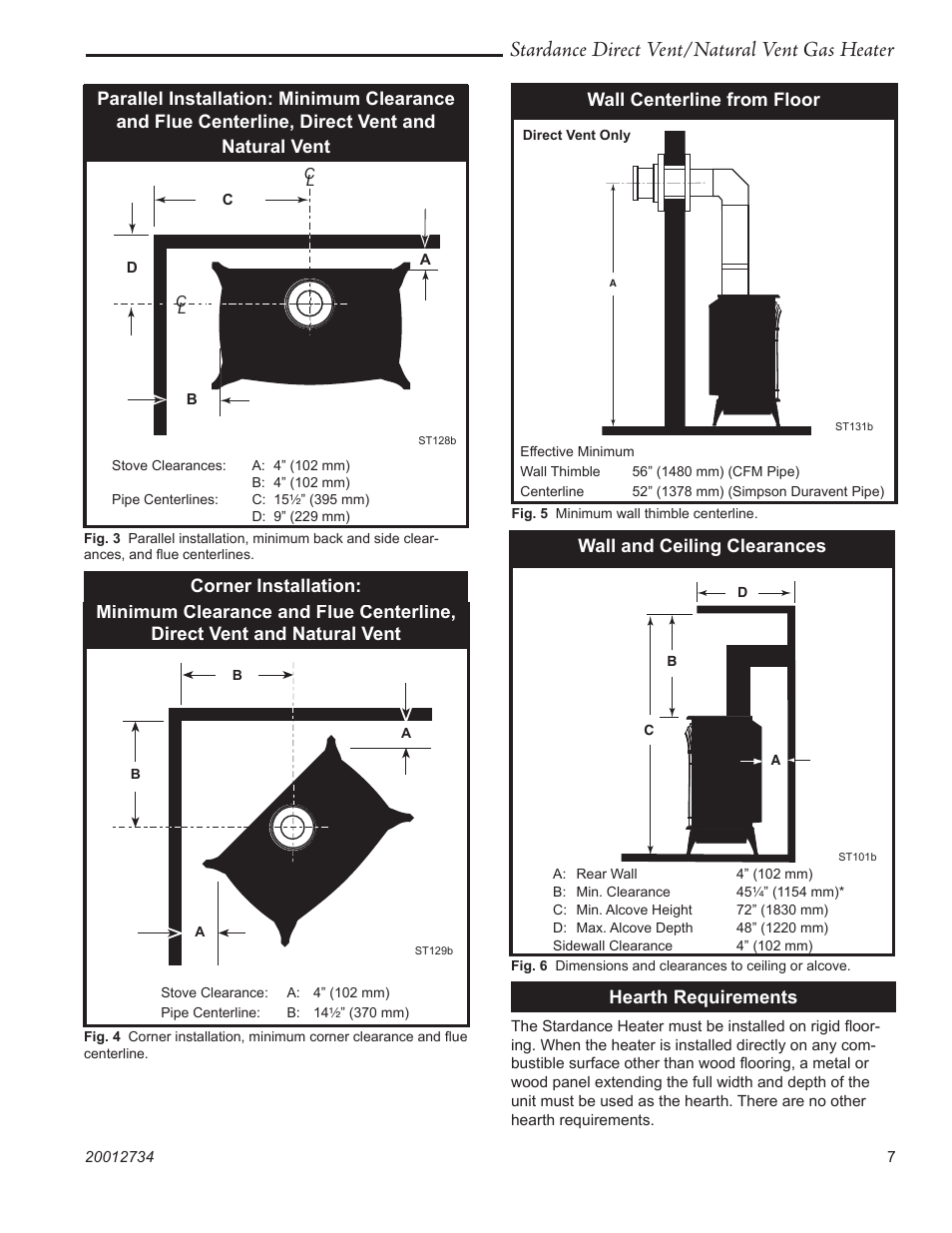 Stardance direct vent/natural vent gas heater, Wall centerline from floor, Wall and ceiling clearances | Hearth requirements | Vermont Casting SDDVT User Manual | Page 7 / 52