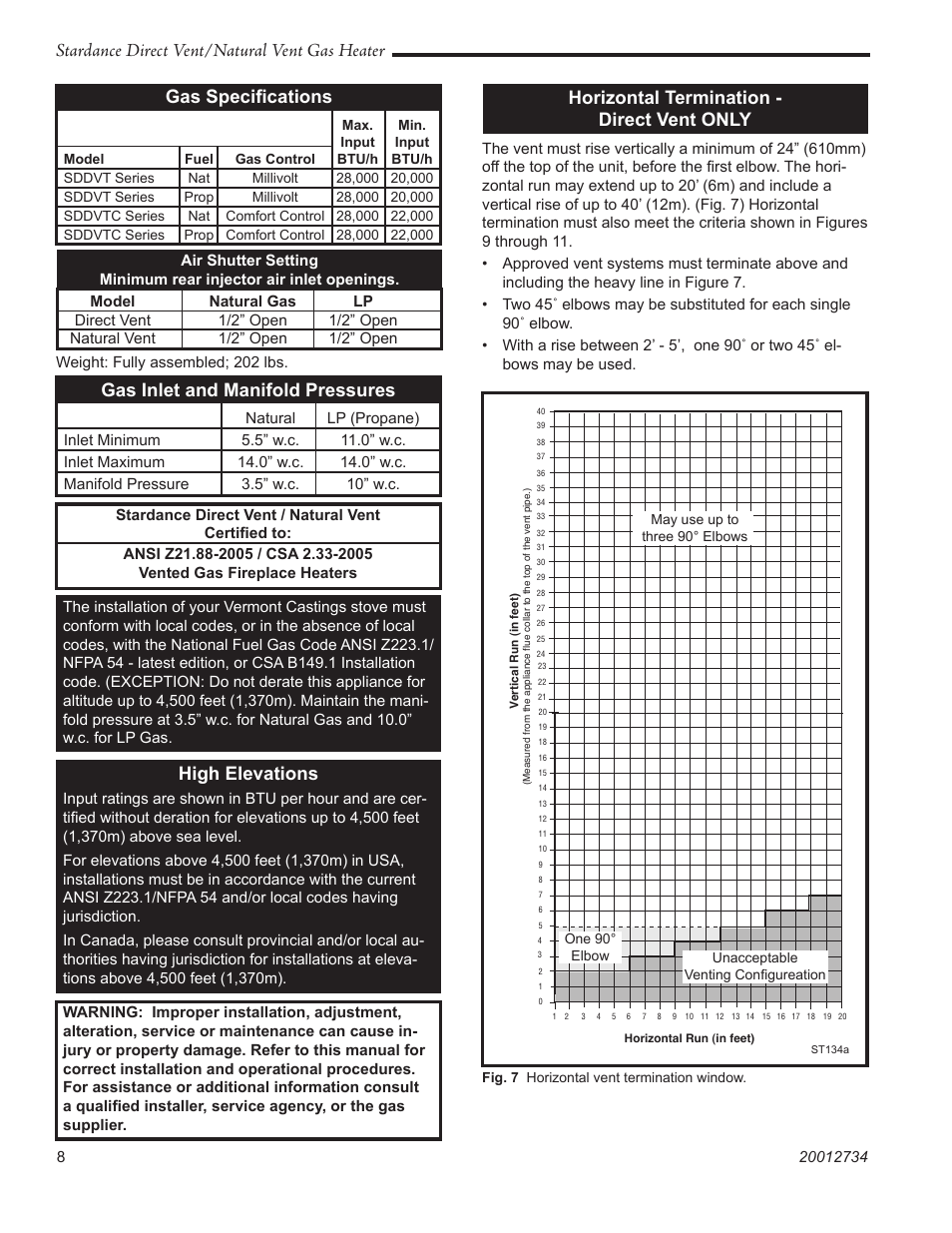 Stardance direct vent/natural vent gas heater, Gas inlet and manifold pressures, High elevations | Horizontal termination - direct vent only, Gas speciﬁcations | Vermont Casting SDDVT User Manual | Page 8 / 52