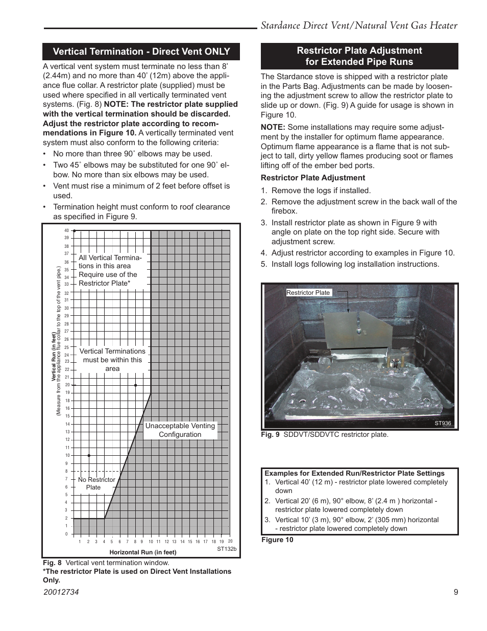Stardance direct vent/natural vent gas heater, Vertical termination - direct vent only, Restrictor plate adjustment for extended pipe runs | Vermont Casting SDDVT User Manual | Page 9 / 52
