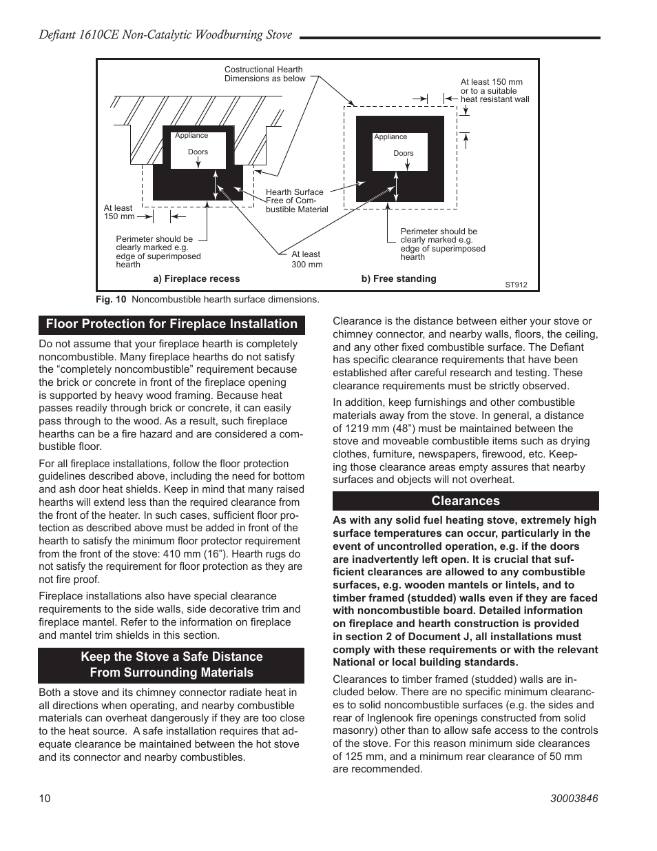 Defiant 1610ce non-catalytic woodburning stove, Floor protection for fireplace installation, Clearances | Vermont Casting 1610CE User Manual | Page 10 / 28