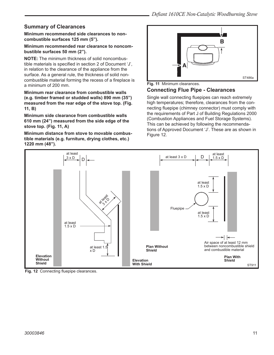 Defiant 1610ce non-catalytic woodburning stove, Summary of clearances, Connecting flue pipe - clearances | Vermont Casting 1610CE User Manual | Page 11 / 28