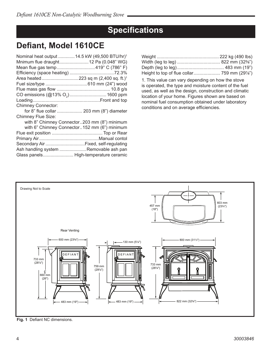 Speciﬁcations deﬁant, model 1610ce, Defiant 1610ce non-catalytic woodburning stove | Vermont Casting 1610CE User Manual | Page 4 / 28