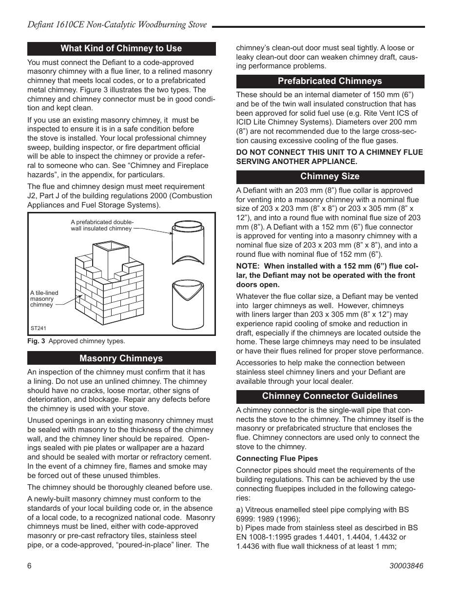 Defiant 1610ce non-catalytic woodburning stove, What kind of chimney to use, Masonry chimneys | Prefabricated chimneys, Chimney size, Chimney connector guidelines | Vermont Casting 1610CE User Manual | Page 6 / 28