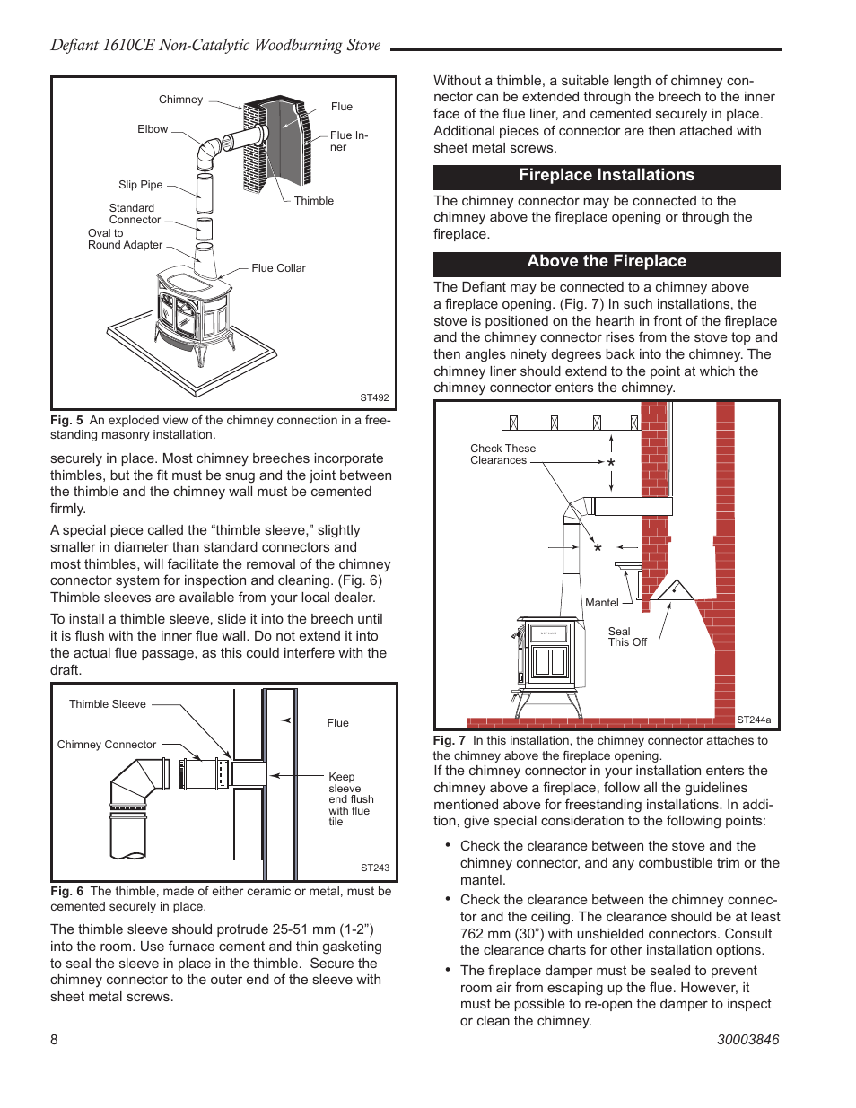 Defiant 1610ce non-catalytic woodburning stove, Fireplace installations, Above the fireplace | Vermont Casting 1610CE User Manual | Page 8 / 28