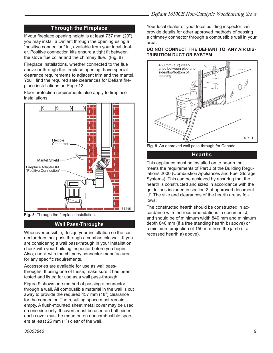 Defiant 1610ce non-catalytic woodburning stove, Through the fireplace, Wall pass-throughs | Hearths | Vermont Casting 1610CE User Manual | Page 9 / 28