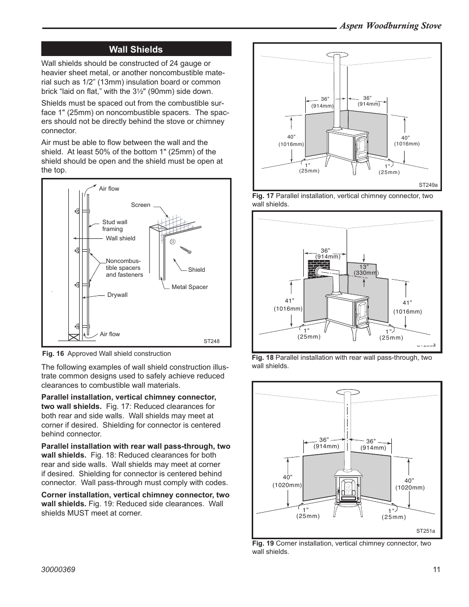 Aspen woodburning stove, Wall shields | Vermont Casting 1920 User Manual | Page 11 / 32