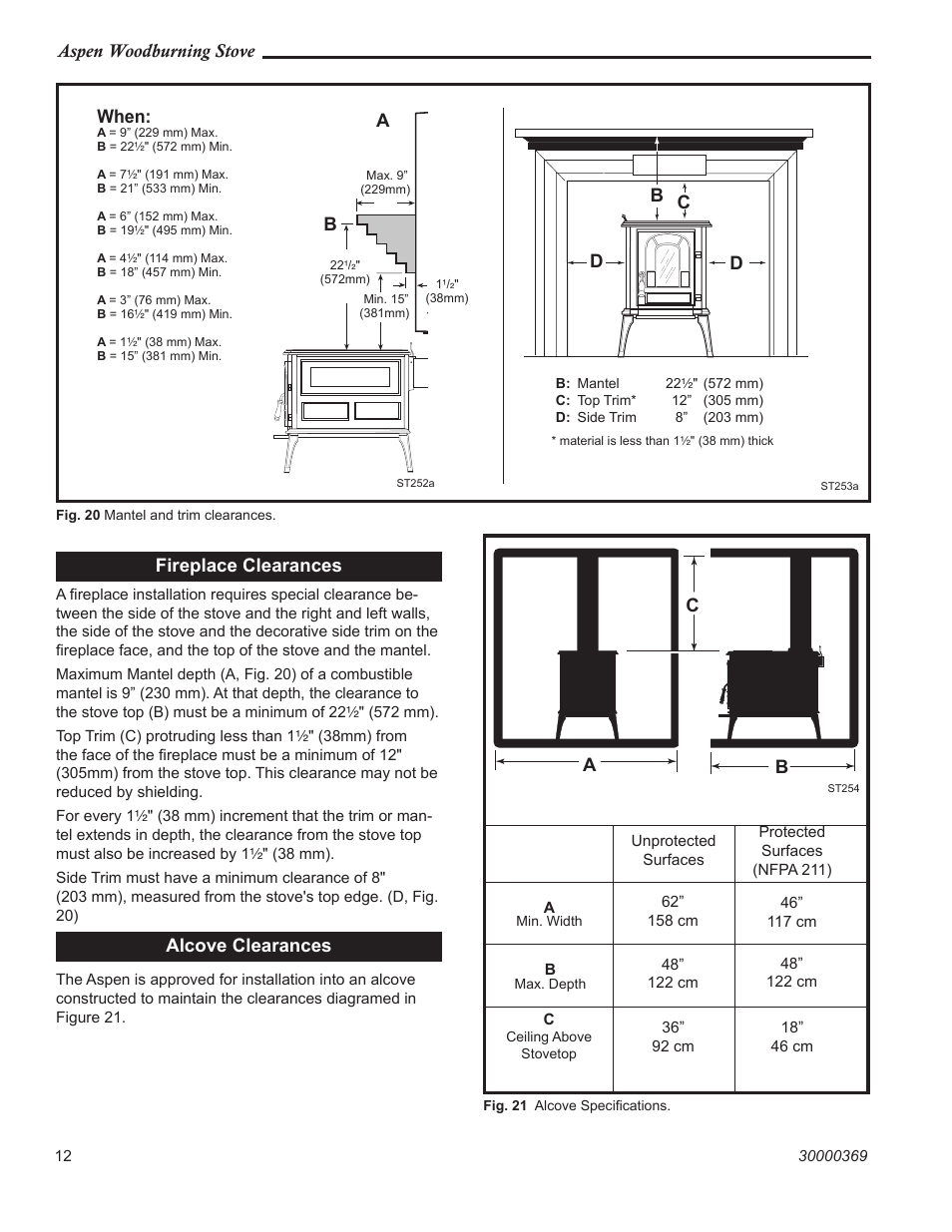 Aspen woodburning stove, When, Fireplace clearances | Alcove clearances, Cd d b, Ba c | Vermont Casting 1920 User Manual | Page 12 / 32