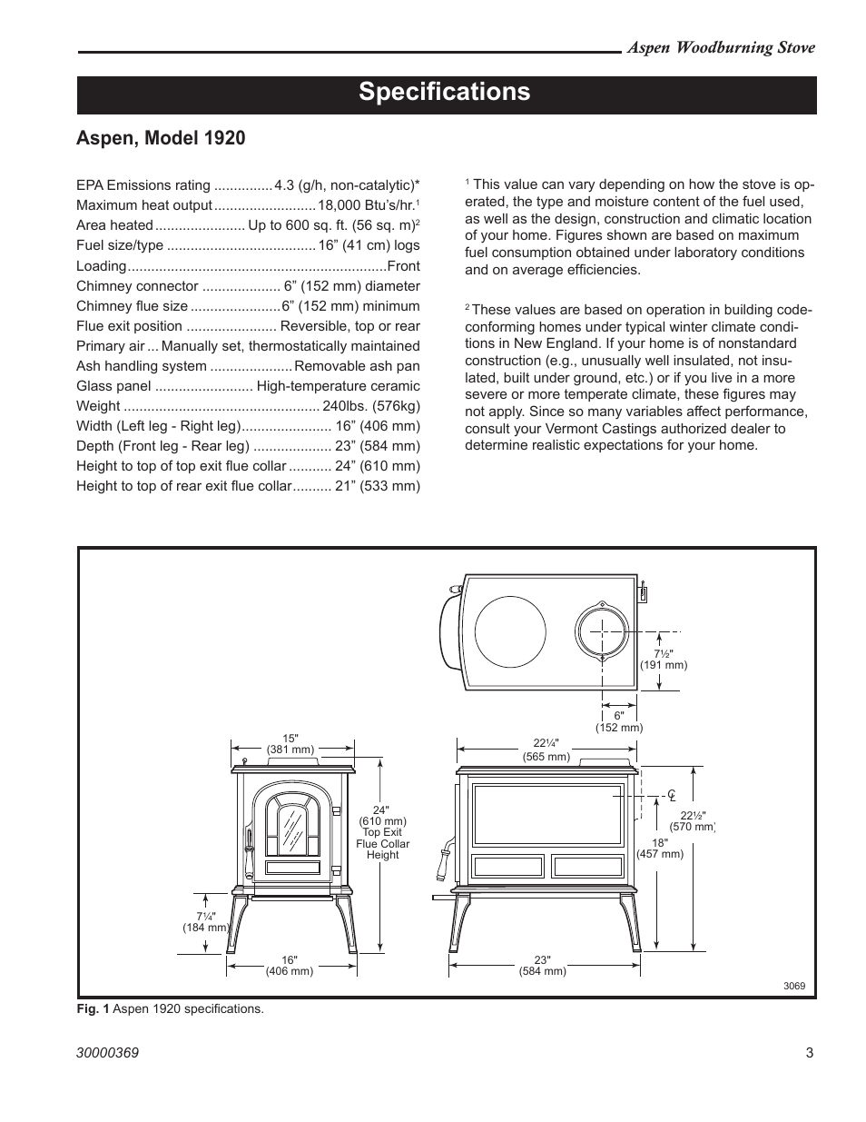 Speciﬁcations, Aspen, model 1920, Aspen woodburning stove | Vermont Casting 1920 User Manual | Page 3 / 32