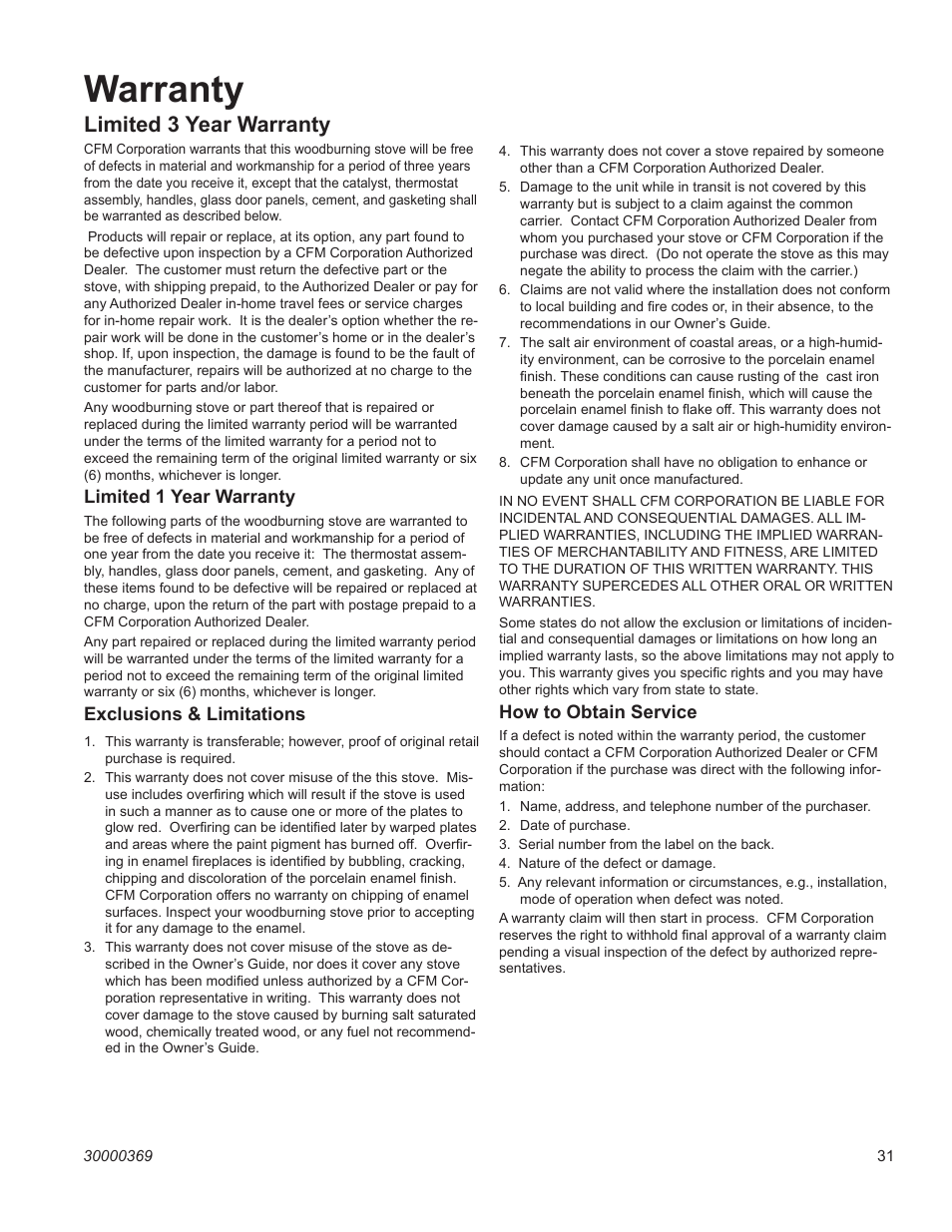 Warranty, Limited 3 year warranty | Vermont Casting 1920 User Manual | Page 31 / 32