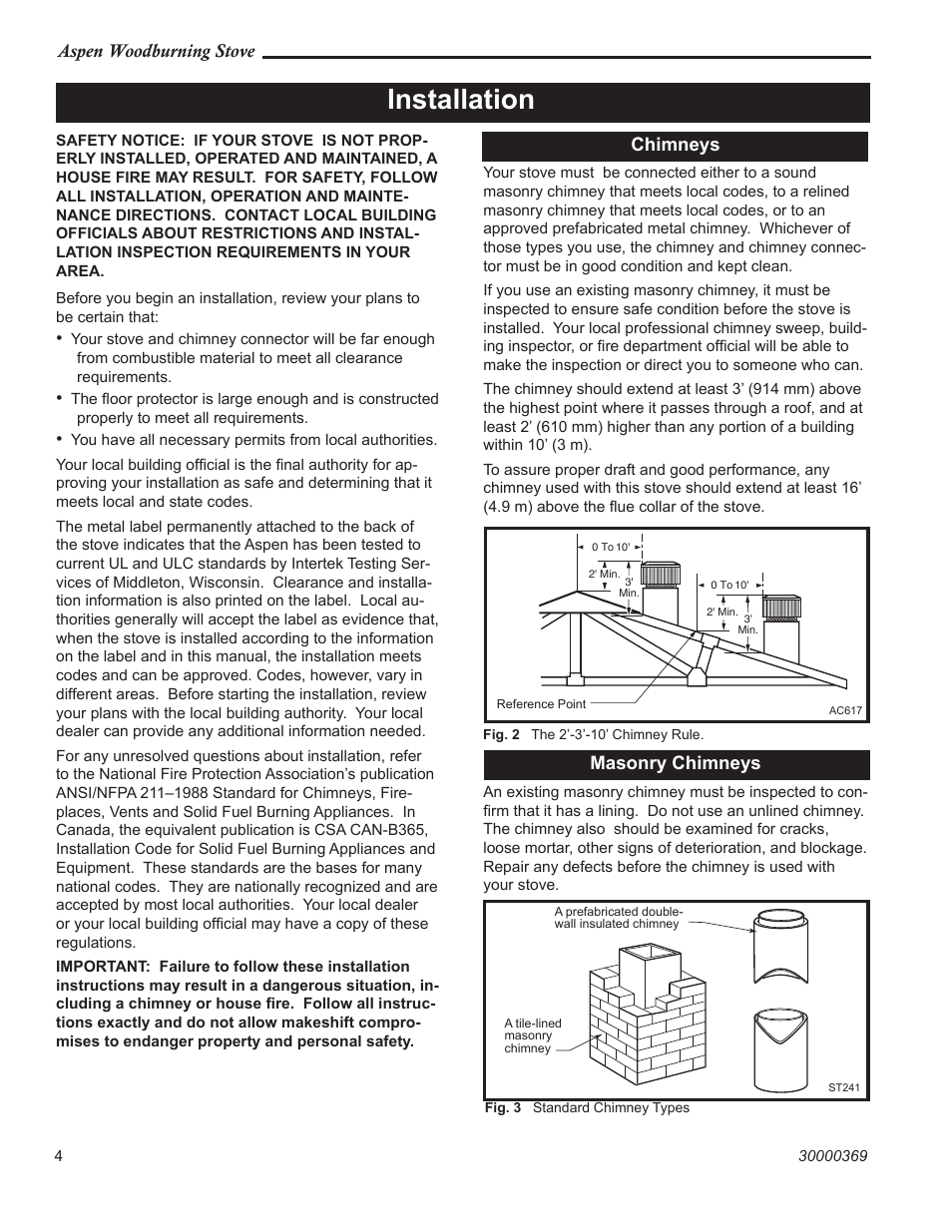 Installation, Aspen woodburning stove, Chimneys | Masonry chimneys | Vermont Casting 1920 User Manual | Page 4 / 32