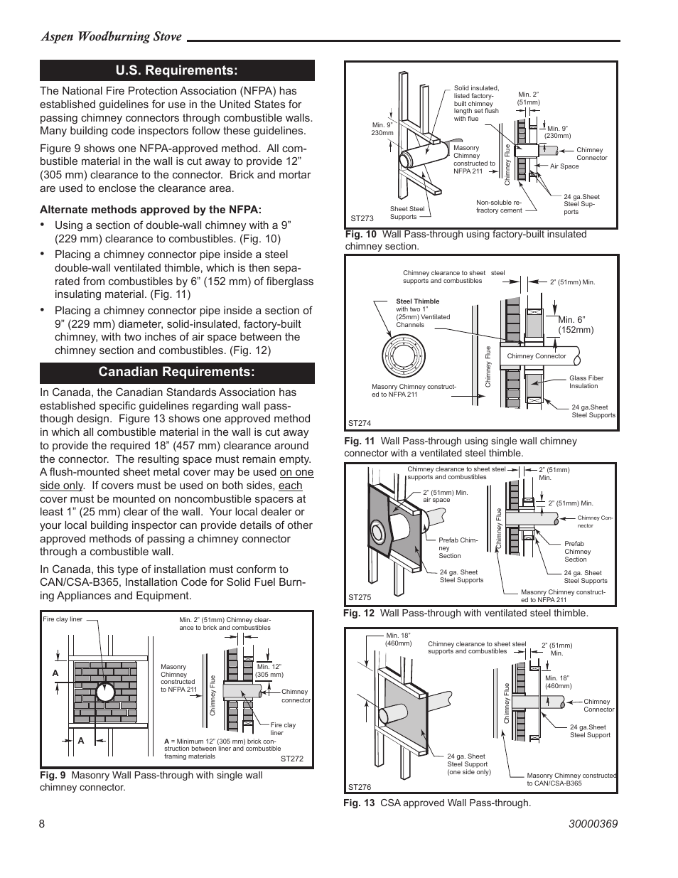 Aspen woodburning stove, St275 wall with ventilated steel thimble, U.s. requirements | Canadian requirements | Vermont Casting 1920 User Manual | Page 8 / 32