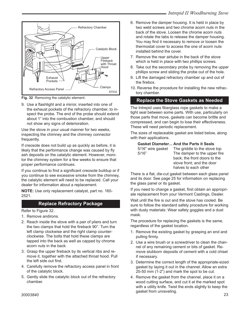Intrepid ii woodburning stove, Replace the stove gaskets as needed, Replace refractory package | Vermont Casting 1990CE User Manual | Page 23 / 32