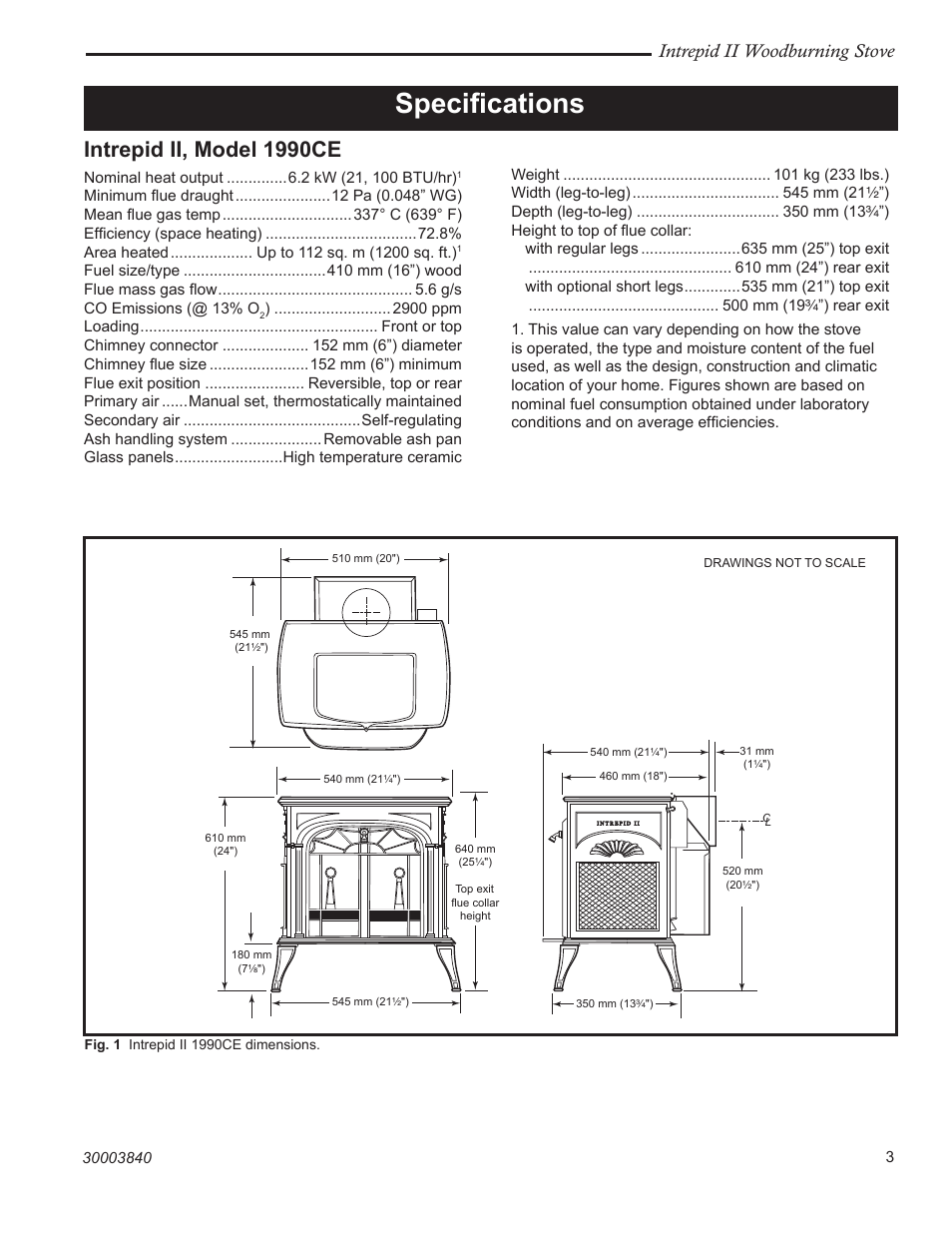 Speciﬁcations, Intrepid ii, model 1990ce, Intrepid ii woodburning stove | Vermont Casting 1990CE User Manual | Page 3 / 32