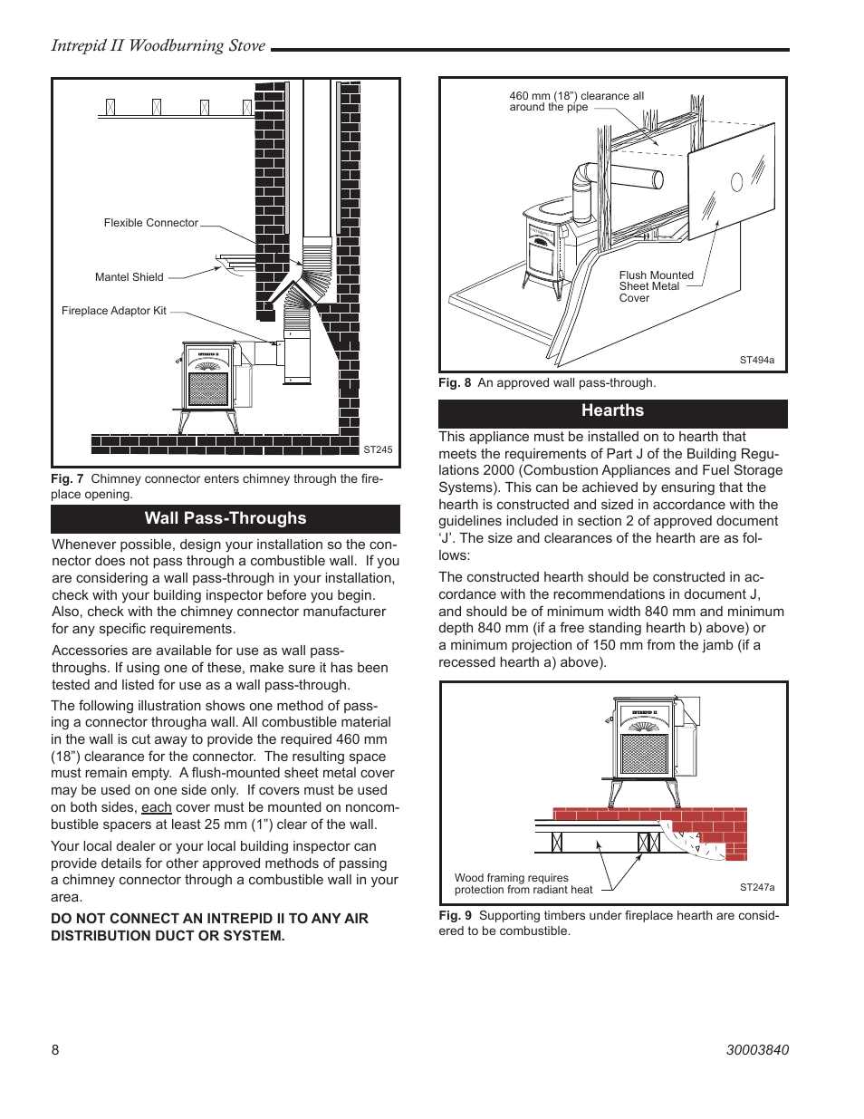 Intrepid ii woodburning stove, Wall pass-throughs, Hearths | Vermont Casting 1990CE User Manual | Page 8 / 32