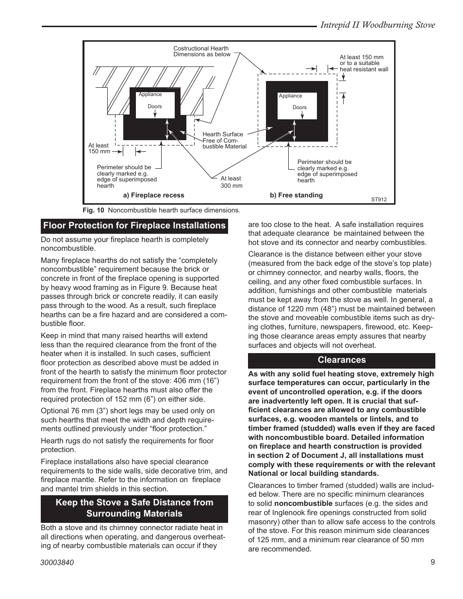 Intrepid ii woodburning stove, Floor protection for fireplace installations, Clearances | Vermont Casting 1990CE User Manual | Page 9 / 32