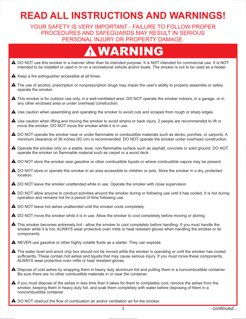 Read all instructions and warnings | Vermont Casting 2505G User Manual | Page 3 / 21