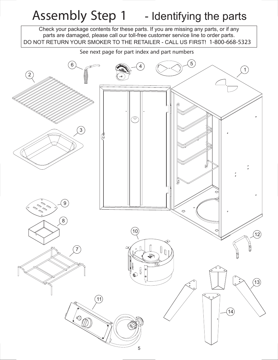 Assembly step 1, Identifying the parts | Vermont Casting 2505G User Manual | Page 5 / 21