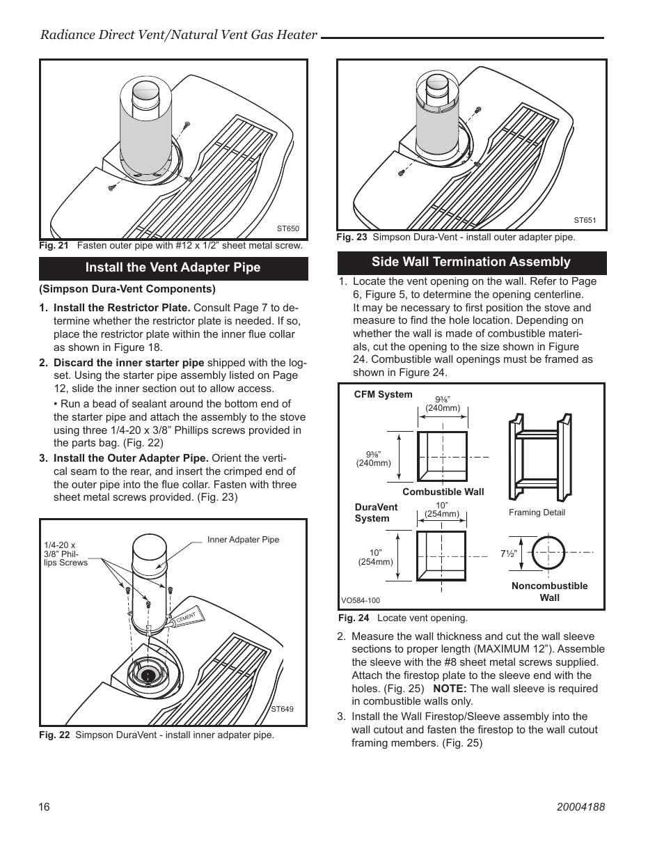 Radiance direct vent/natural vent gas heater, Side wall termination assembly, Install the vent adapter pipe | Vermont Casting 3225 User Manual | Page 15 / 38