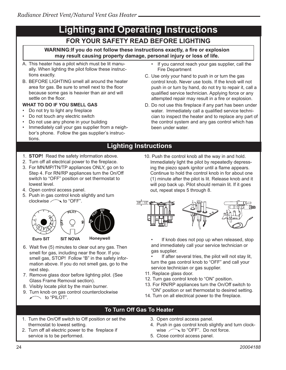 Lighting and operating instructions, For your safety read before lighting, Lighting instructions | Radiance direct vent/natural vent gas heater | Vermont Casting 3225 User Manual | Page 23 / 38