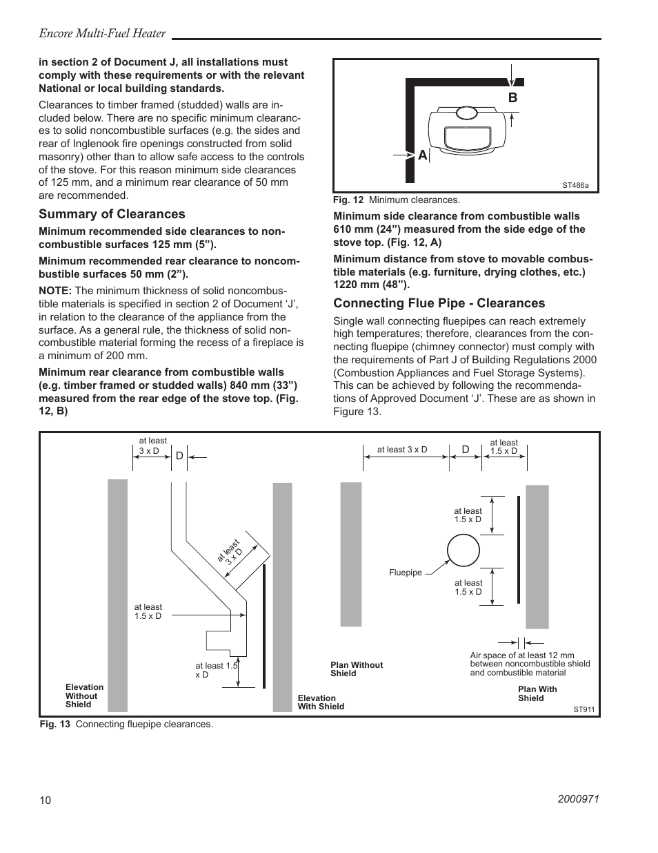 Encore multi-fuel heater, Summary of clearances, Connecting flue pipe - clearances | Vermont Casting 2547CE User Manual | Page 10 / 28