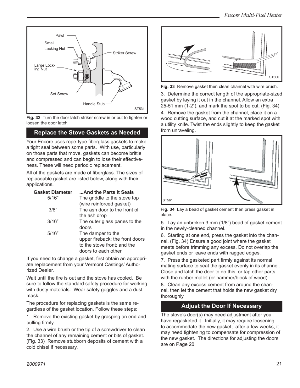 Encore multi-fuel heater, Replace the stove gaskets as needed, Adjust the door if necessary | Vermont Casting 2547CE User Manual | Page 21 / 28