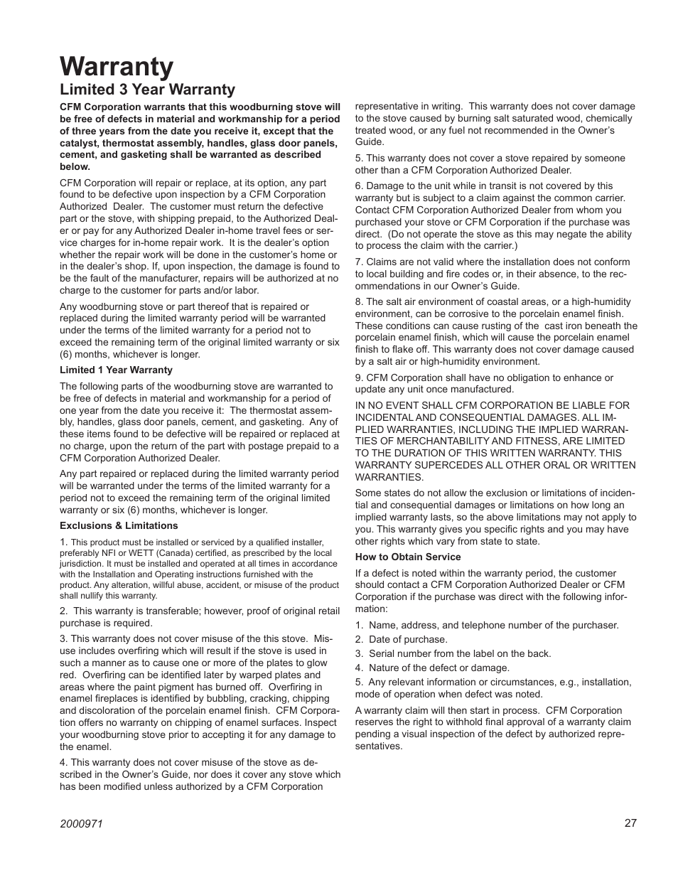 Warranty, Limited 3 year warranty | Vermont Casting 2547CE User Manual | Page 27 / 28