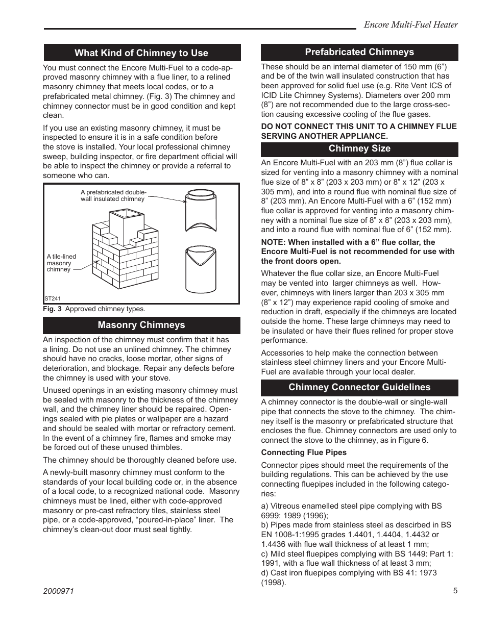 Encore multi-fuel heater, What kind of chimney to use, Masonry chimneys | Prefabricated chimneys, Chimney size, Chimney connector guidelines | Vermont Casting 2547CE User Manual | Page 5 / 28