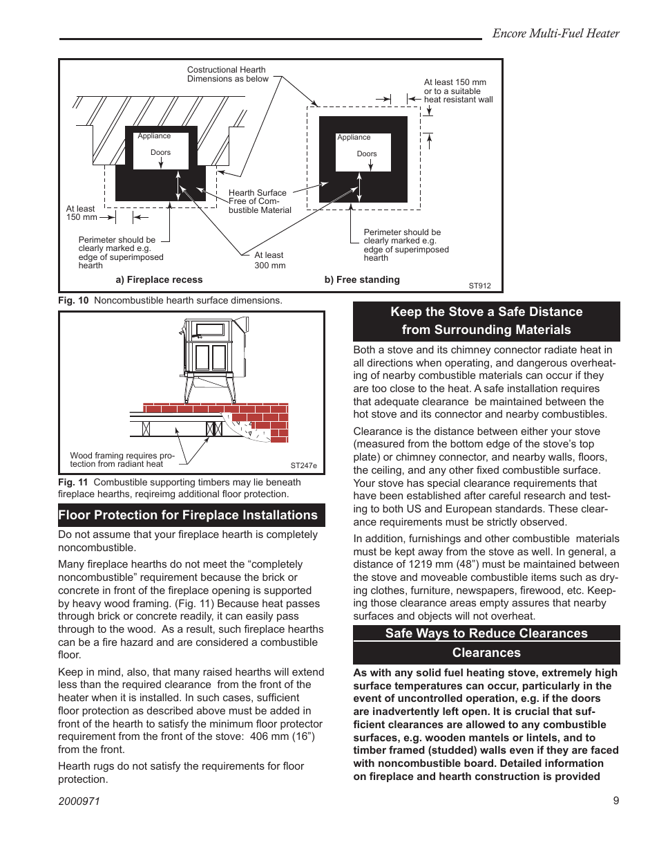 Encore multi-fuel heater, Floor protection for fireplace installations, Safe ways to reduce clearances clearances | Vermont Casting 2547CE User Manual | Page 9 / 28