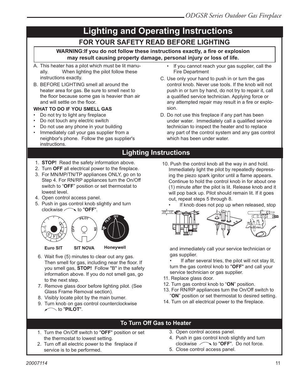 Lighting and operating instructions, Odgsr series outdoor gas fireplace, For your safety read before lighting | Lighting instructions | Vermont Casting ODGSR42A User Manual | Page 11 / 20