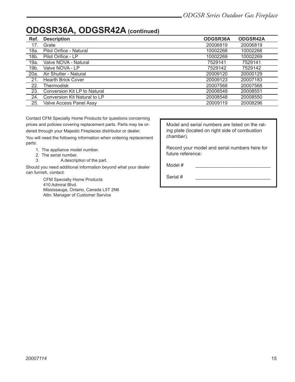 Odgsr36a, odgsr42a, Odgsr series outdoor gas fireplace | Vermont Casting ODGSR42A User Manual | Page 15 / 20