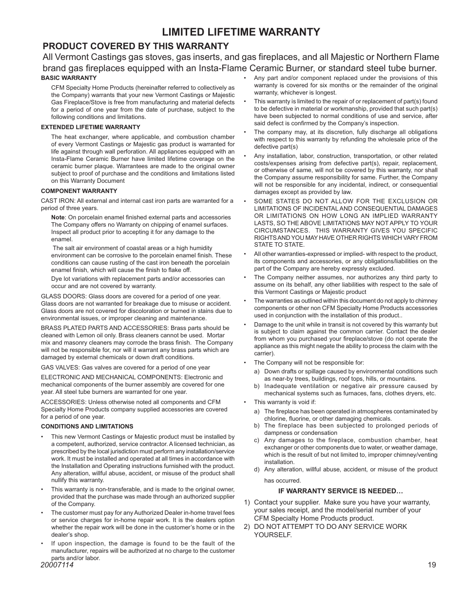 Odgsr series outdoor gas fireplace, Limited lifetime warranty | Vermont Casting ODGSR42A User Manual | Page 19 / 20