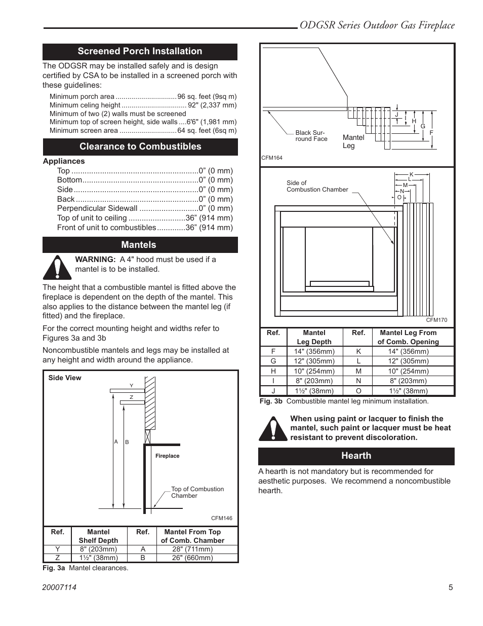 Odgsr series outdoor gas fireplace, Clearance to combustibles, Mantels | Hearth, Screened porch installation | Vermont Casting ODGSR42A User Manual | Page 5 / 20